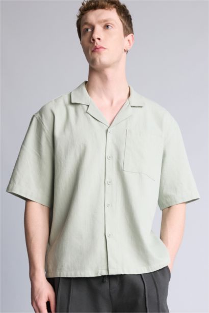 Boxy Fıt Apaş Yaka Dokuma Kısa Kollu Gömlek