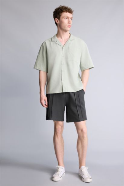 Boxy Fıt Apaş Yaka Dokuma Kısa Kollu Gömlek