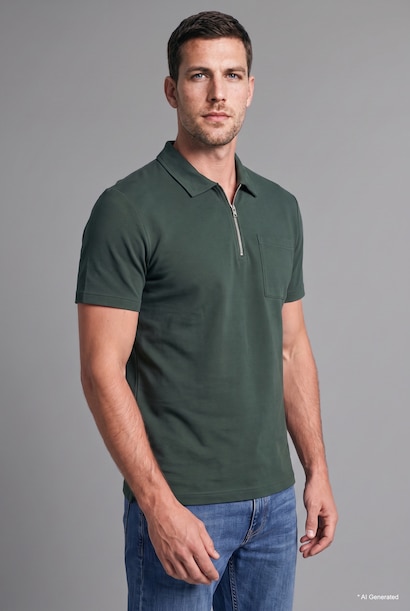 T-shirt Polo basic à manches courtes à col rond avec demi-fermeture éclair Coupe régulière
