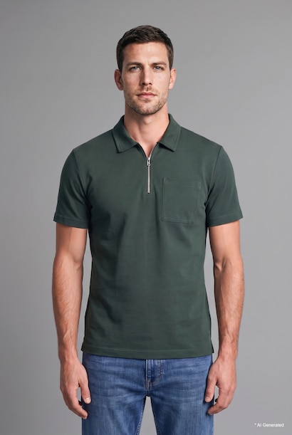T-shirt Polo basic à manches courtes à col rond avec demi-fermeture éclair Coupe régulière