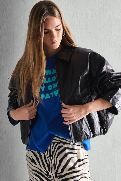 Balloon Fit Polo Collar Faux Leather-Look Zip-Up Jacket