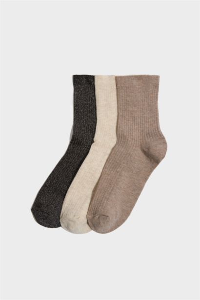 Kadın Simli 3'lü Pamuklu Uzun Çorap