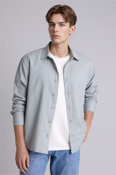 Boxy Fıt Gömlek Yaka Dokuma Uzun Kollu Gömlek