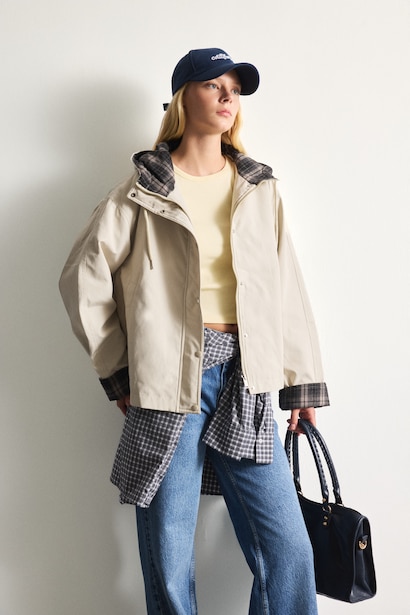 Regular Fit Checked Cotton Hooded Lined Jacket