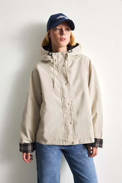 Regular Fit Checked Cotton Hooded Lined Jacket