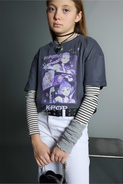 %100 Pamuk Kpop - Demon Hunters Relax Fıt Tişört Kız Çocuk