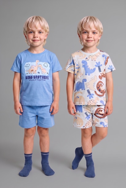 %100 Pamuk Dinozor Baskılı 2'li Pijama Takımı Erkek Bebek