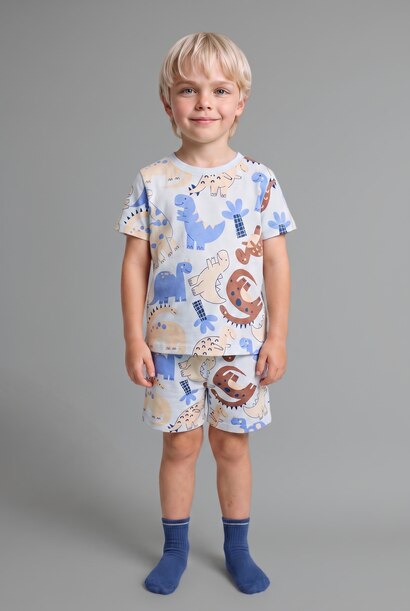 %100 Pamuk Dinozor Baskılı 2'li Pijama Takımı Erkek Bebek