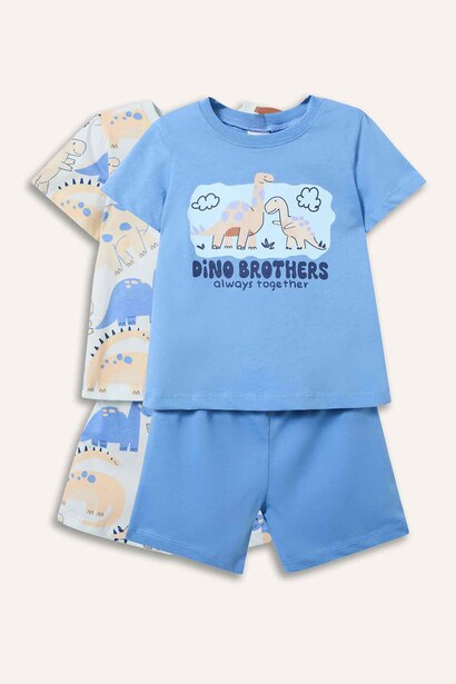 %100 Pamuk Dinozor Baskılı 2'li Pijama Takımı Erkek Bebek