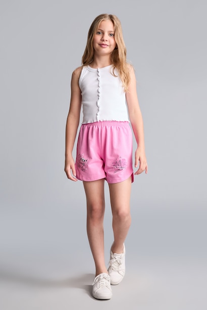 Girl Elastic Waist Embroidery Detail Shorts