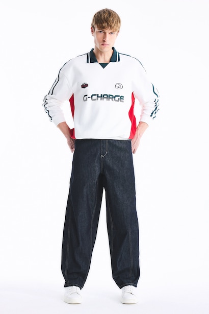 Boxy Fit Printed Long Sleeve Polo Collar Sweatshirt