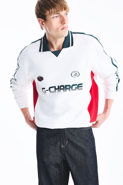 Boxy Fit Printed Long Sleeve Polo Collar Sweatshirt