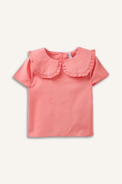 Büyük Yaka Keten Karışımlı Kısa Kollu Gömlek Kız Bebek