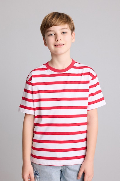 %100 Pamuk New Regular Fit Çizgili Tişört Erkek Çocuk