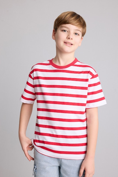 %100 Pamuk New Regular Fit Çizgili Tişört Erkek Çocuk