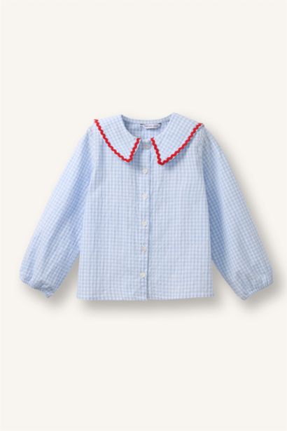 Büyük Yaka Nakışlı Gofre Dokulu Uzun Kollu Gömlek Kız Bebek