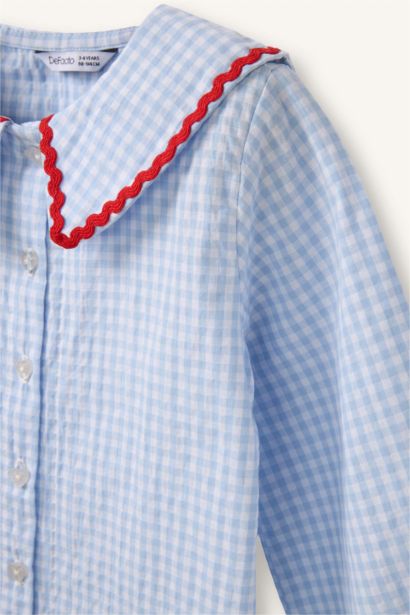 Büyük Yaka Nakışlı Gofre Dokulu Uzun Kollu Gömlek Kız Bebek