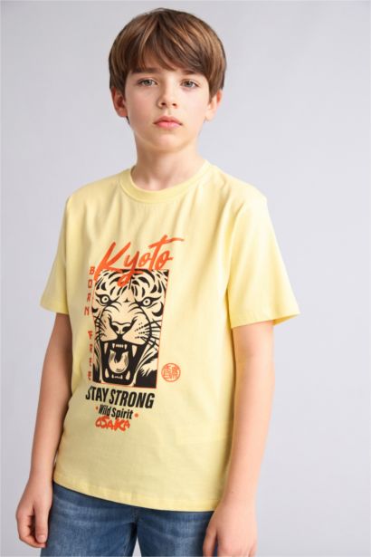 New Regular Fıt Bisiklet Yaka Baskılı Kısa Kollu Tişört Erkek Çocuk