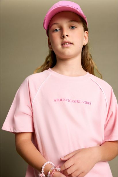 Girl Oversize Crew Neck Printed Modal Pink T-Shirt