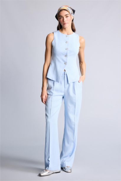 Straight Fit Zipper Linen Blended Trousers