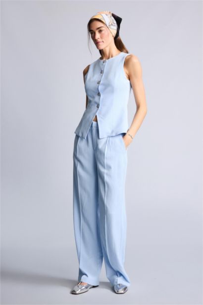 Straight Fit Zipper Linen Blended Trousers