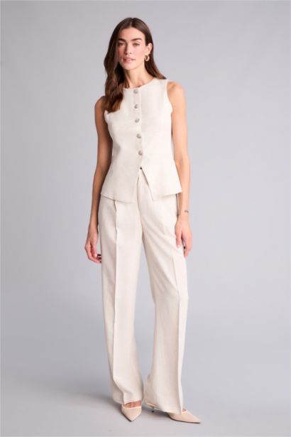 Straıght Fıt Yüksek Bel Keten Karışımlı Pantolon