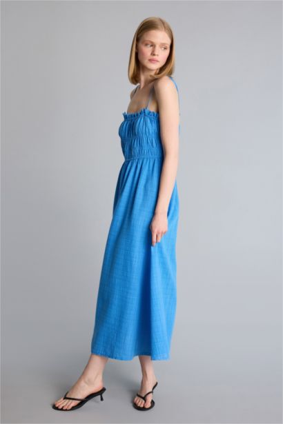 Keten Görünümlü Midi Elbise