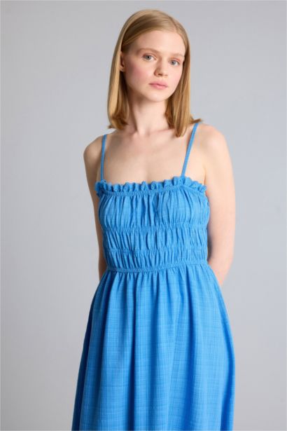 Keten Görünümlü Midi Elbise