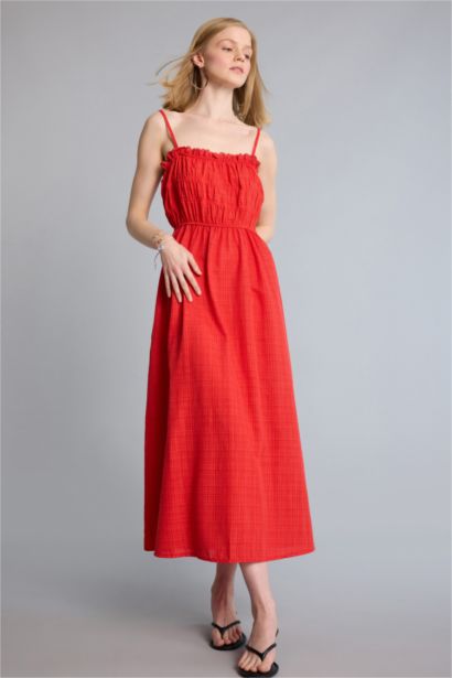 Keten Görünümlü Midi Elbise