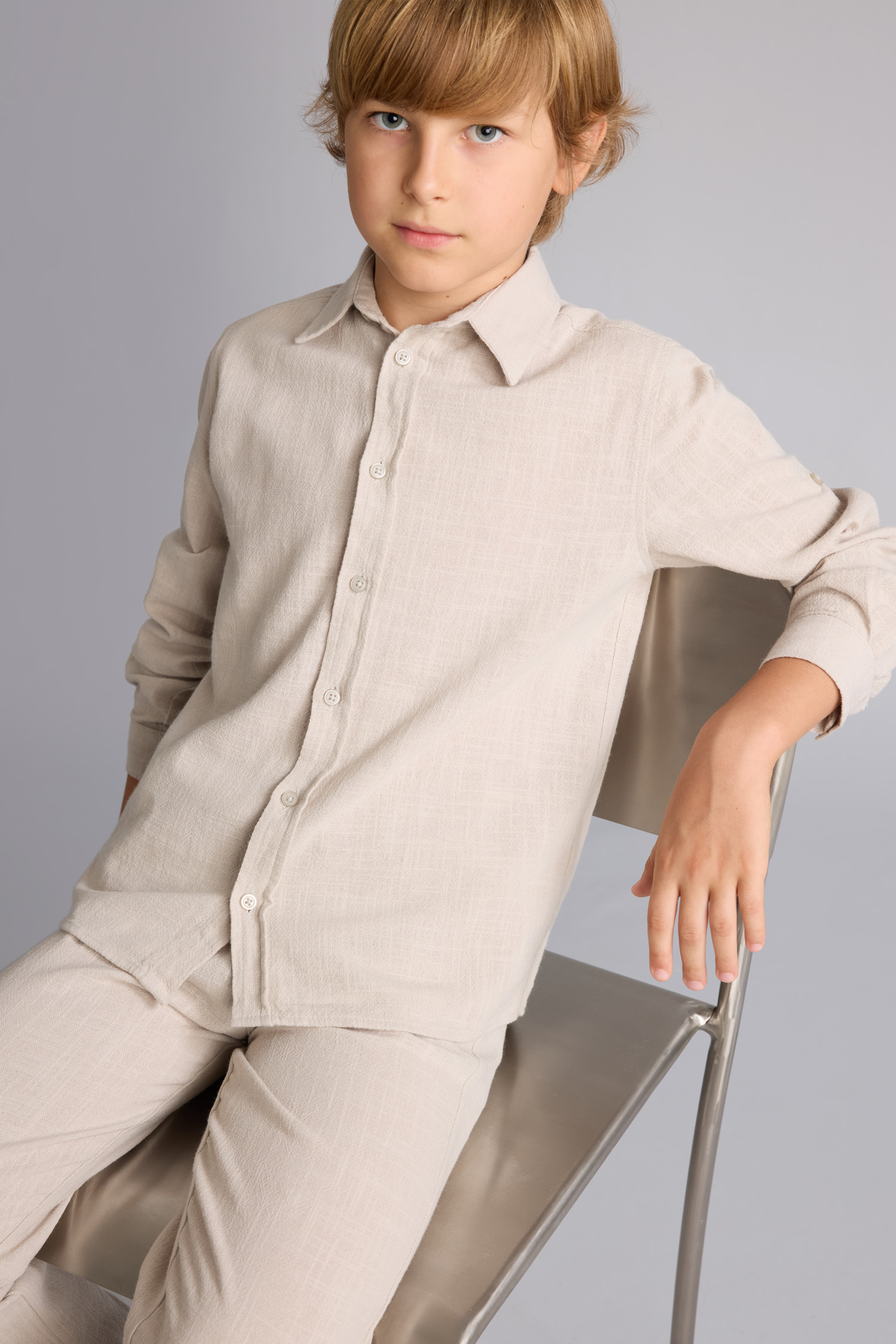Boy Regular Fit Long Sleeve Beige Linen Aspect Shirt
