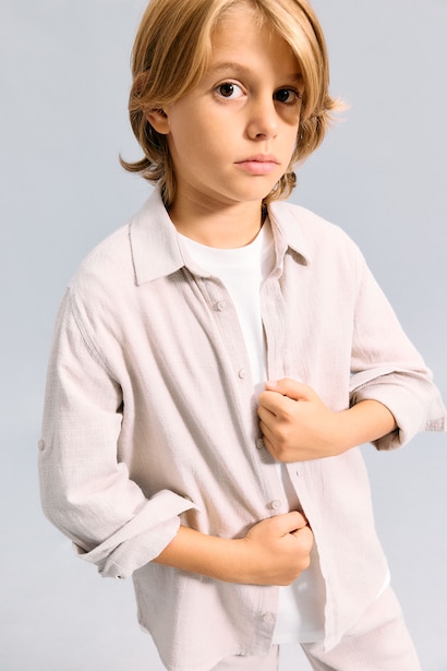 Boy Regular Fit Long Sleeve Beige Linen Aspect Shirt