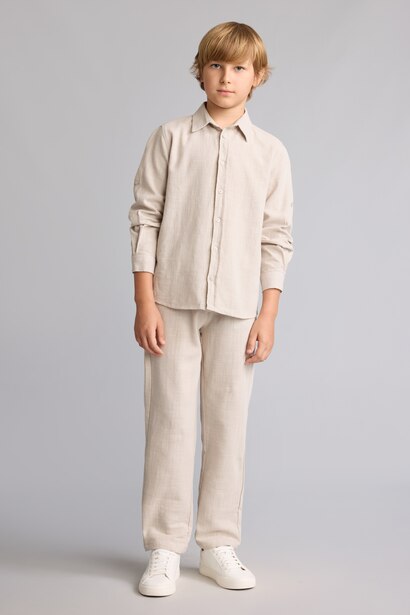 Boy Regular Fit Long Sleeve Beige Linen Aspect Shirt
