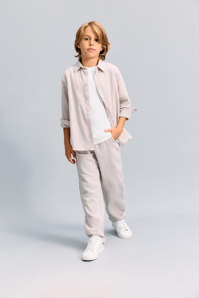 Boy Regular Fit Long Sleeve Beige Linen Aspect Shirt