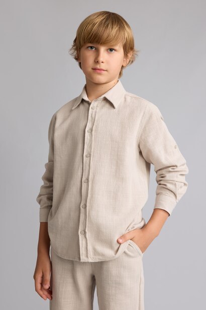 Boy Regular Fit Long Sleeve Beige Linen Aspect Shirt