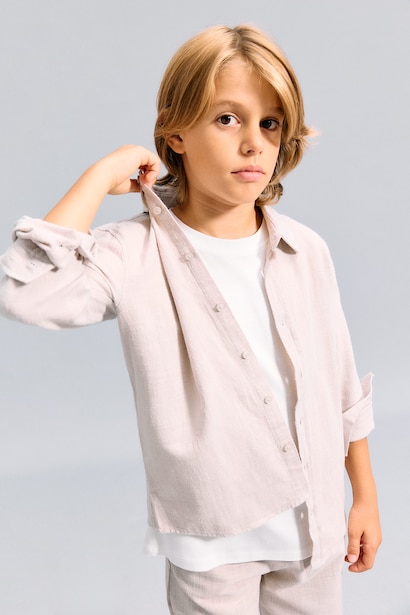 Boy Regular Fit Long Sleeve Beige Linen Aspect Shirt