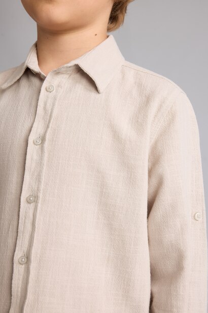 Boy Regular Fit Long Sleeve Beige Linen Aspect Shirt