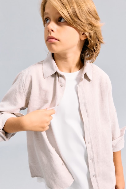 Boy Regular Fit Long Sleeve Beige Linen Aspect Shirt
