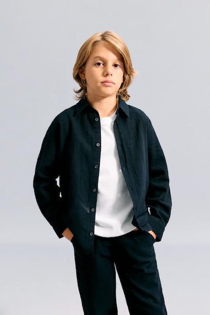 Boy Regular Fit Long Sleeve Black Linen Aspect Shirt