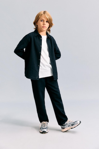 Boy Regular Fit Long Sleeve Black Linen Aspect Shirt