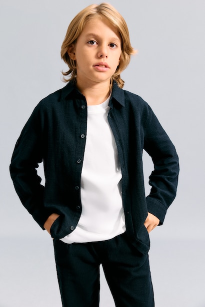 Boy Regular Fit Long Sleeve Black Linen Aspect Shirt