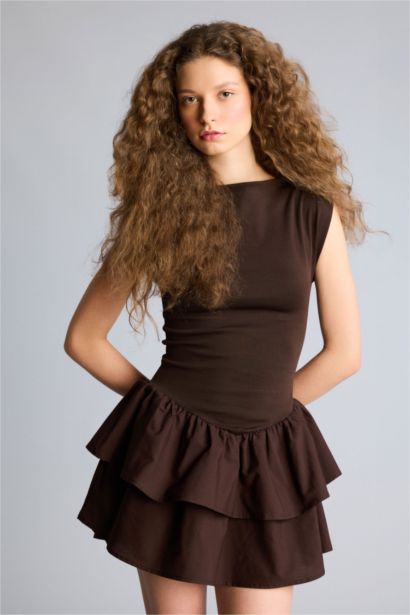 Balloon Fıt Kayık Yaka Mini Elbise