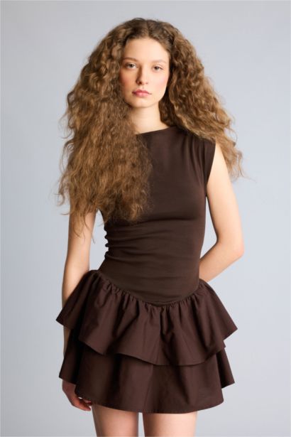 Balloon Fıt Kayık Yaka Mini Elbise