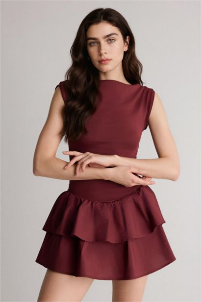 Balloon Fıt Kayık Yaka Mini Elbise