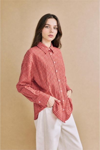 Relaxed Fit Uzun Kollu Kırışık Dokulu Kareli Tunik