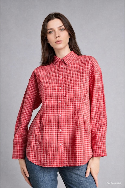 Relaxed Fit Uzun Kollu Kırışık Dokulu Kareli Tunik