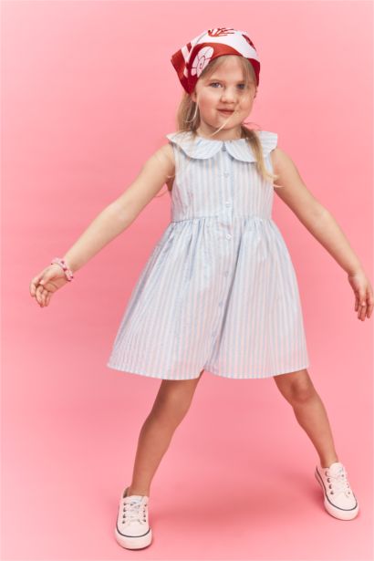 Қыз бала сәбилерге арналған жолақты иықбаулы гофрленген фактуралы көйлек