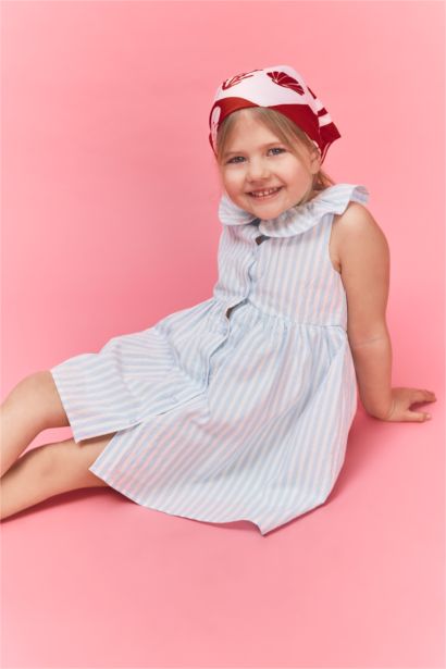 Қыз бала сәбилерге арналған жолақты иықбаулы гофрленген фактуралы көйлек