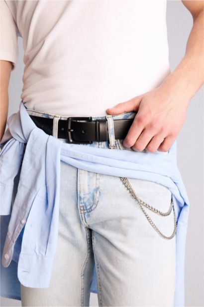 Erkek Dikdörtgen Toka Suni Deri Jean Kemeri