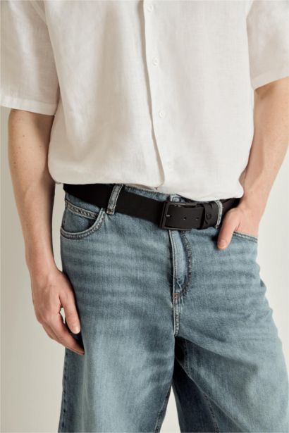 Erkek Dikdörtgen Toka Suni Deri Jean Kemeri