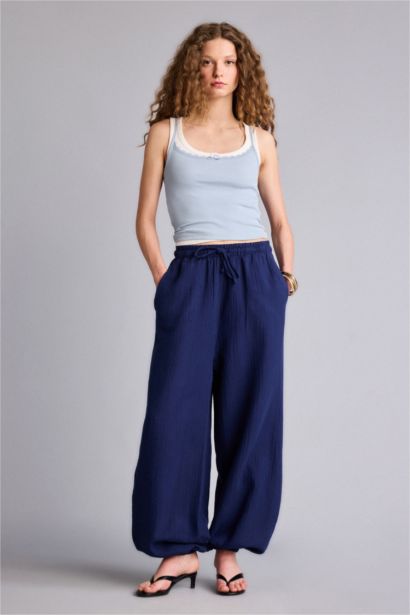 Balloon Fıt Çift Cepli Normal Bel Standart Boy Müslin Pantolon